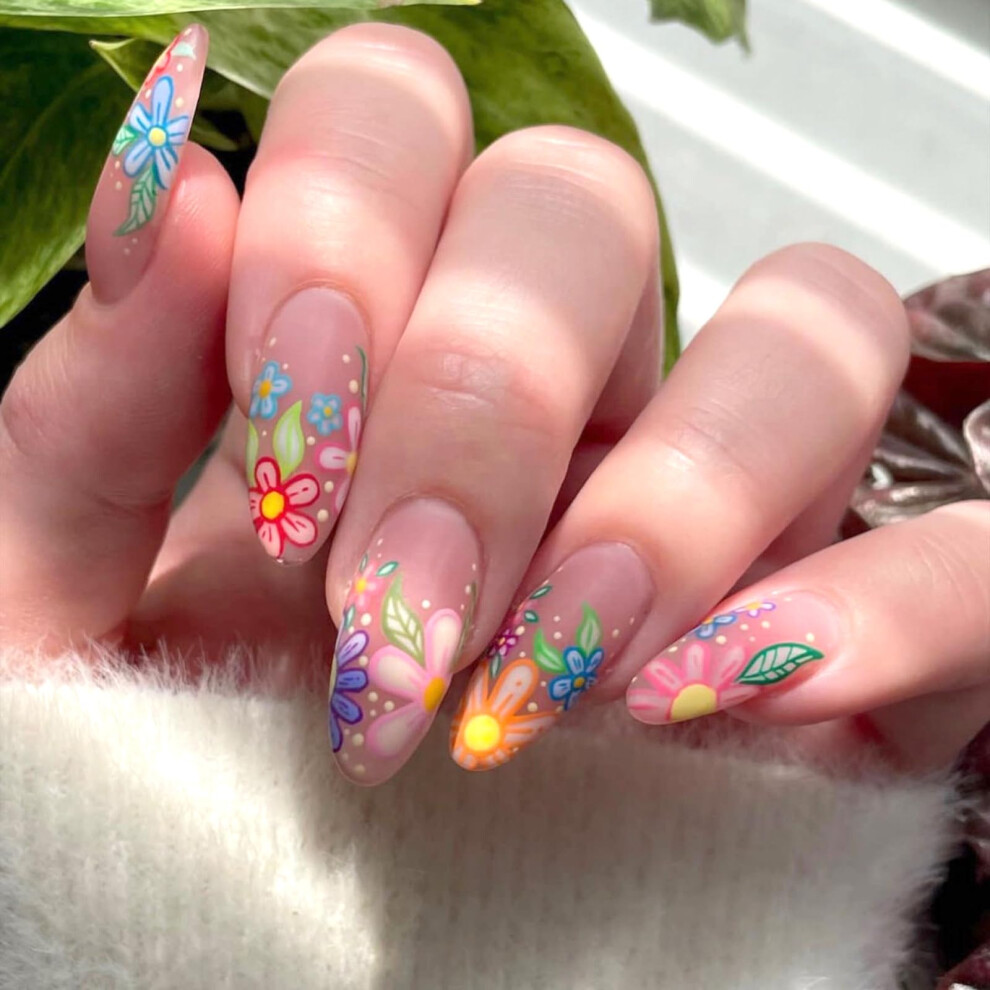 Medium Almond Press On Nails Nude Pink Floral Fake Nails Glossy Full Cover Salon Quality Manicure