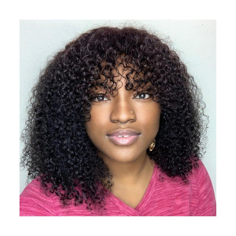 Unisex Curly Human Hair Wig With Bangs For Women, Kinky Bob Style Full Machine Made