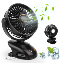 (Black) Portable USB Fan, Silent Clip-on Fan, Rechargeable Desk Fan, 5-Stage Cooling Desk Fan