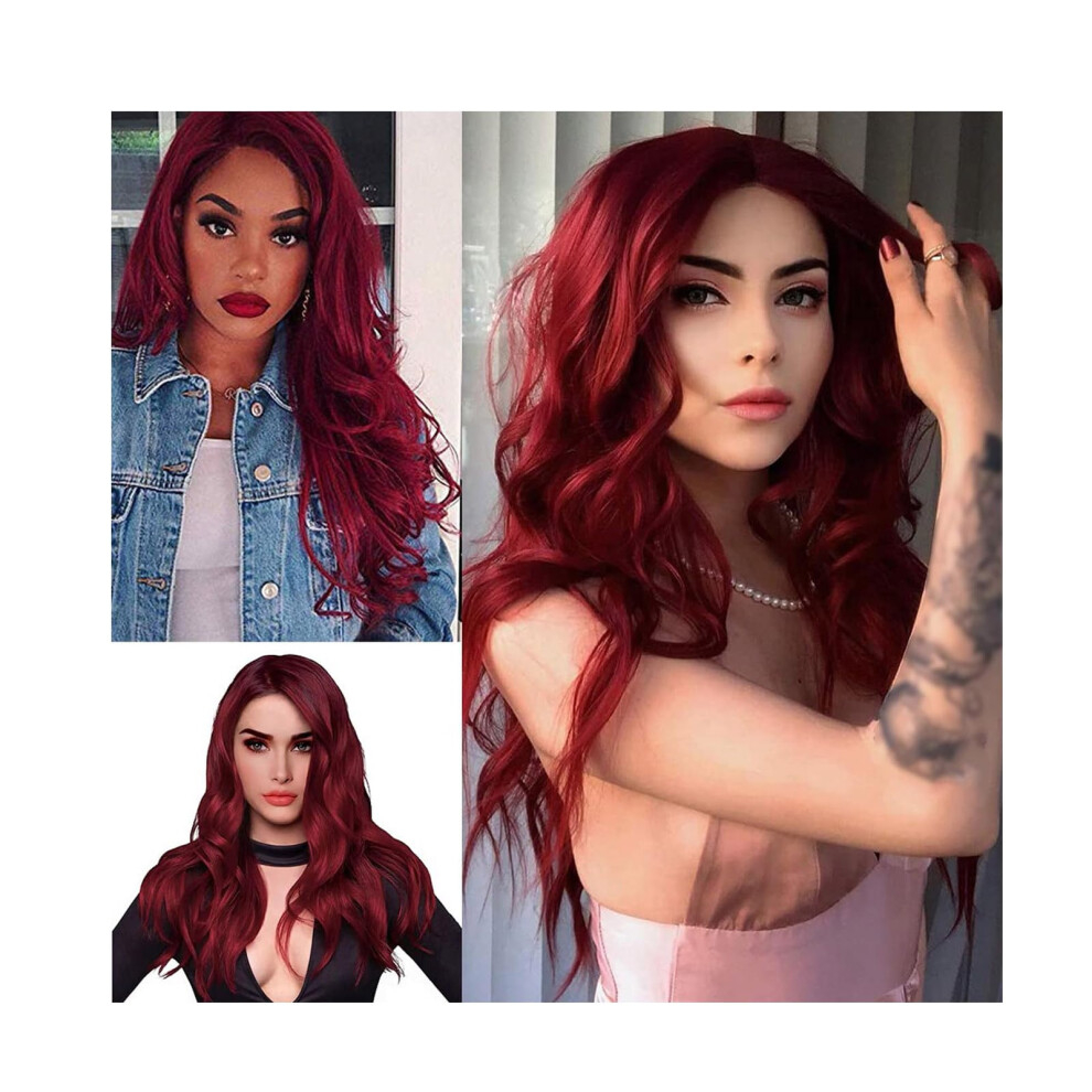 Unisex Brown Ombre To Wine Lace Front Wig Long Curly Glueless Synthetic With Natural Hairline For Women