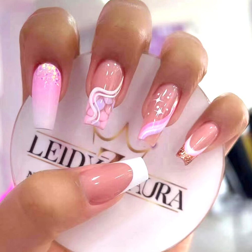 Medium Length French Tip Press On Nails with White and Rainbow Design, Reusable Acrylic Coffin Fake Nails Set 24Pcs