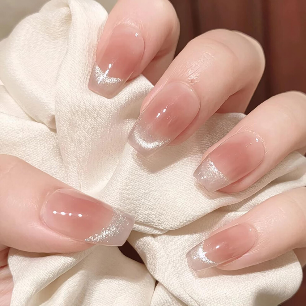 Cat Eye Press On Nails Kit Nude Pink Ballerina Shape Fake Nails 24Pcs Glossy Full Cover for Party