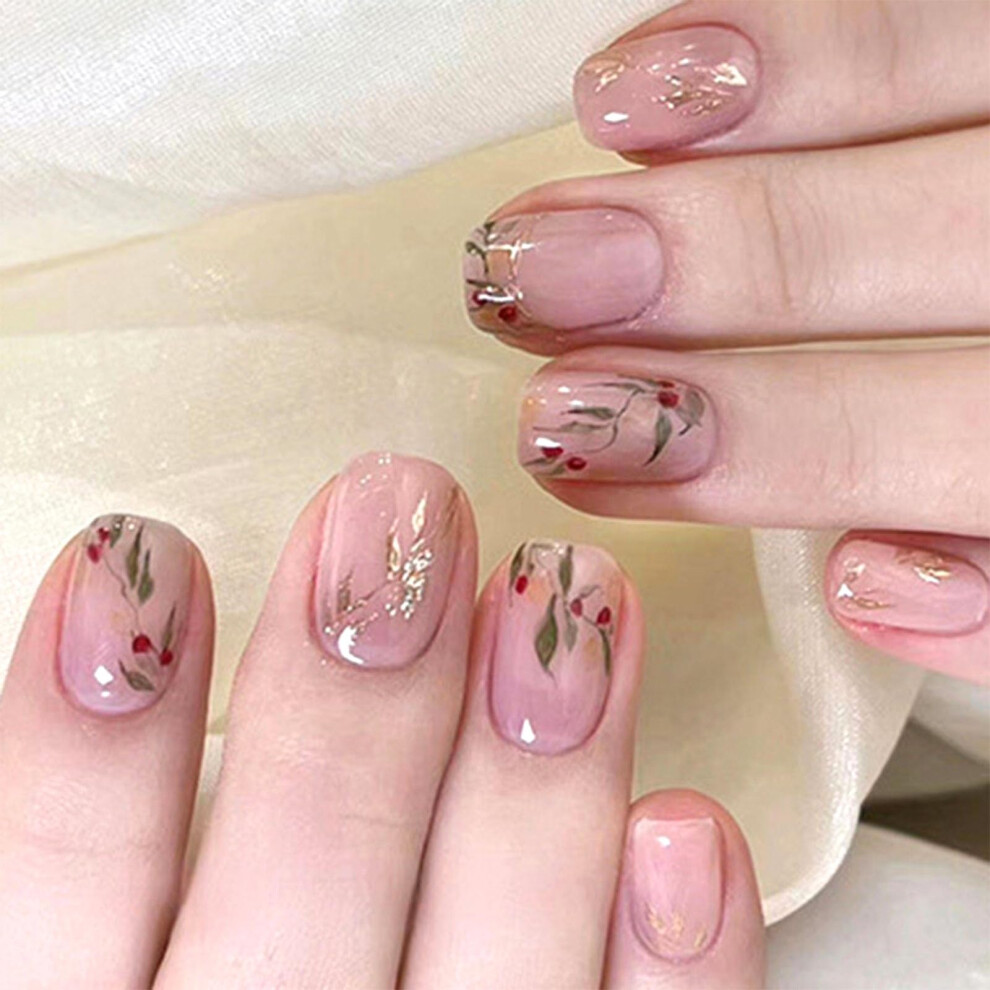 Short Square Press on Nails Light Pink Fake Nails with Gold Butterfly Glitter Reusable 24Pcs