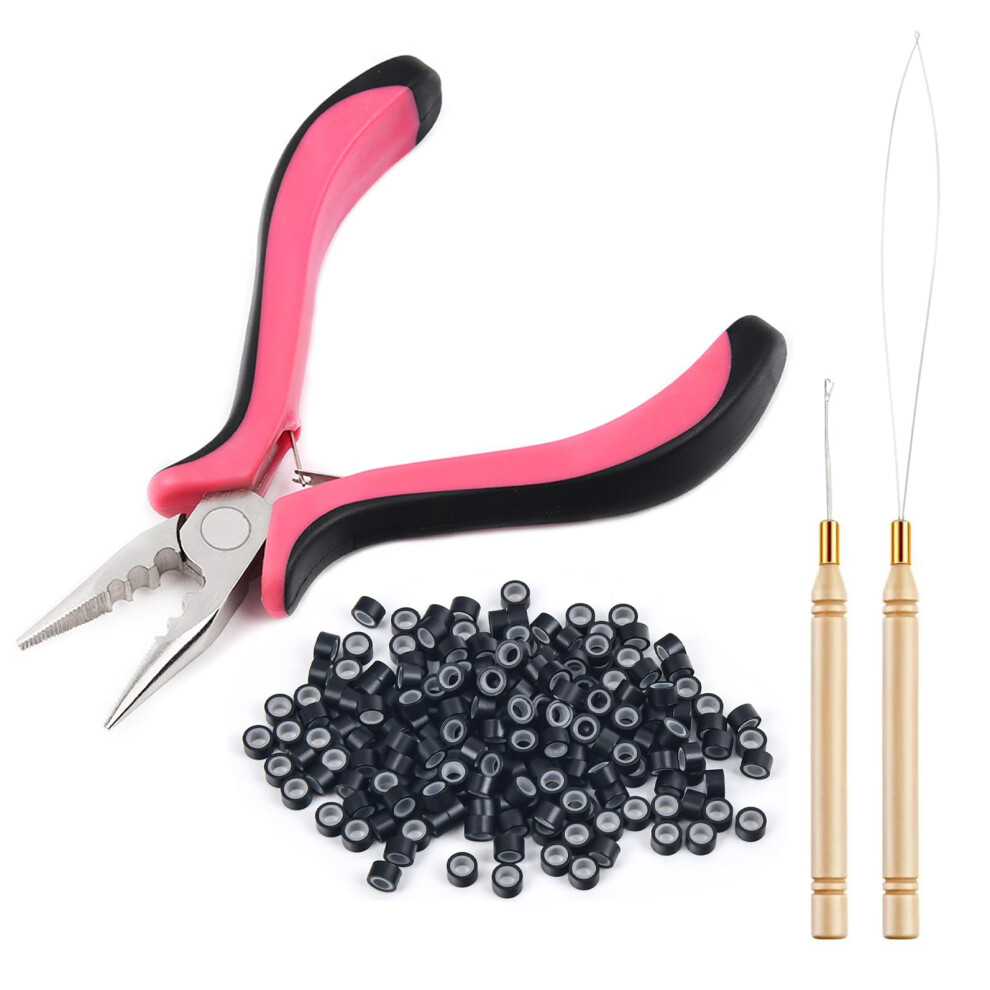 Unisex Hair Extension Tool Kit With Threehole Pliers, Loop Needle, Hook Puller And 100 Silicone Micro Rings