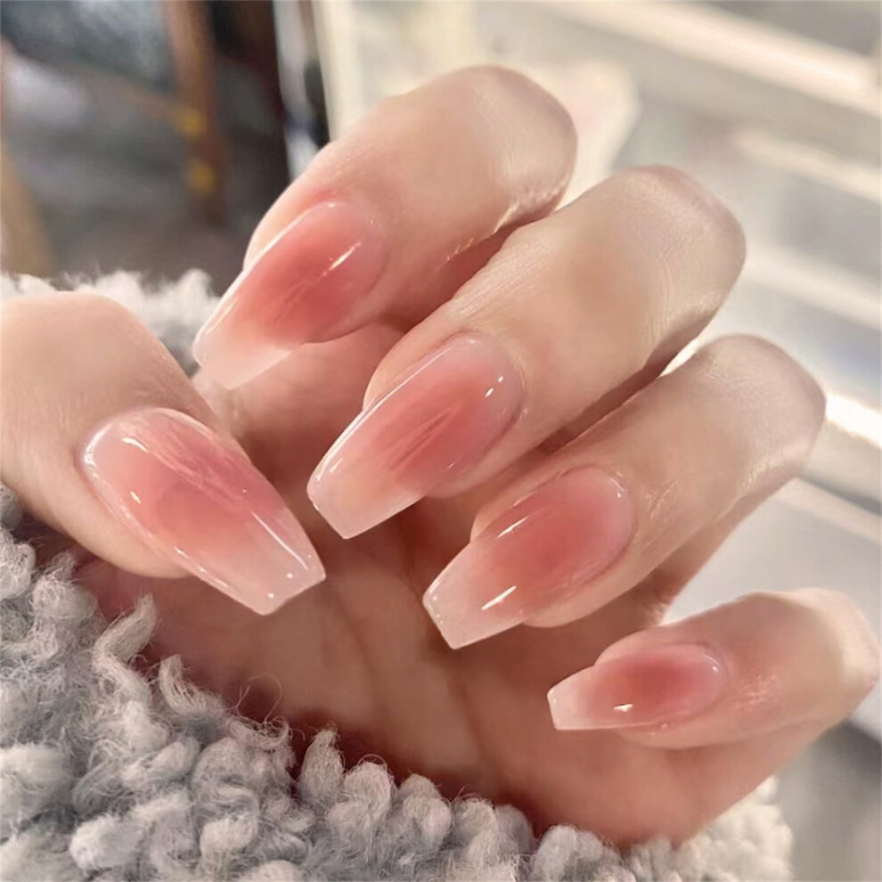 Coffin Press On Nails Blush Gradient Fake Nails Set Long Lasting 24pcs for Women and Girls