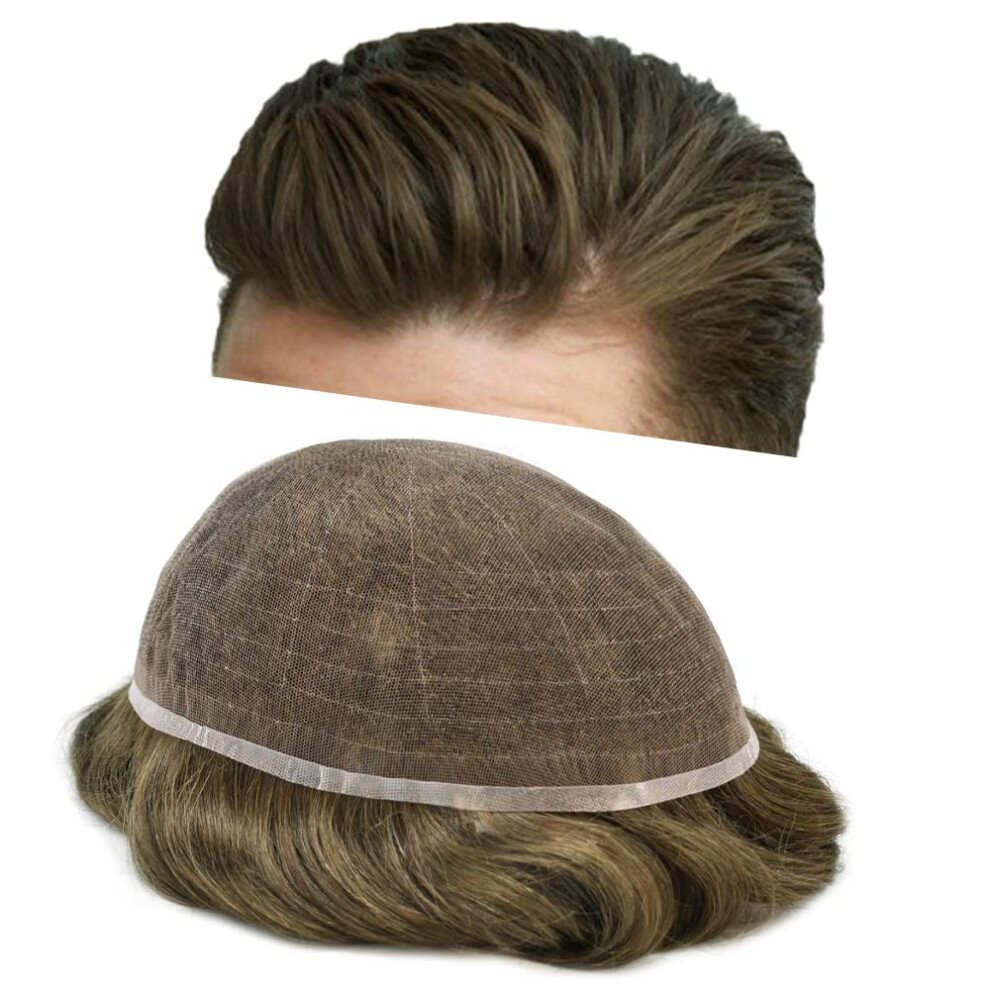 Unisex Brown Men's French Lace Toupee Light 7X9 Human Hair Wig For Men Natural Hairline 80% Density
