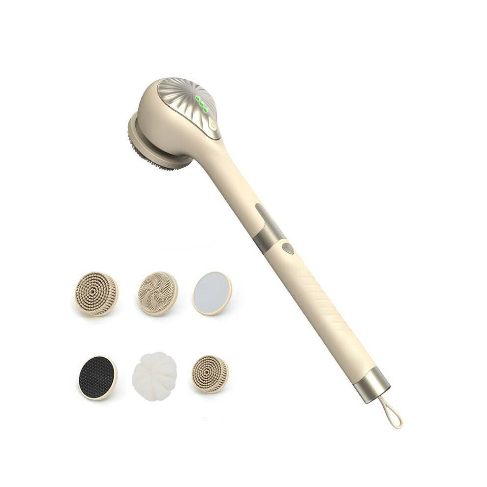 Yellow Electric Bath Brush With Long Handle, 6 Heads, 3Speed, 360 Rotation, Usb Rechargeable, Ip67 Waterproof,