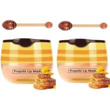 Honey Lip Balm Set with Propolis Vitamin E for Deep Hydration, Strawberry Flavor, 2 Jars with Brush