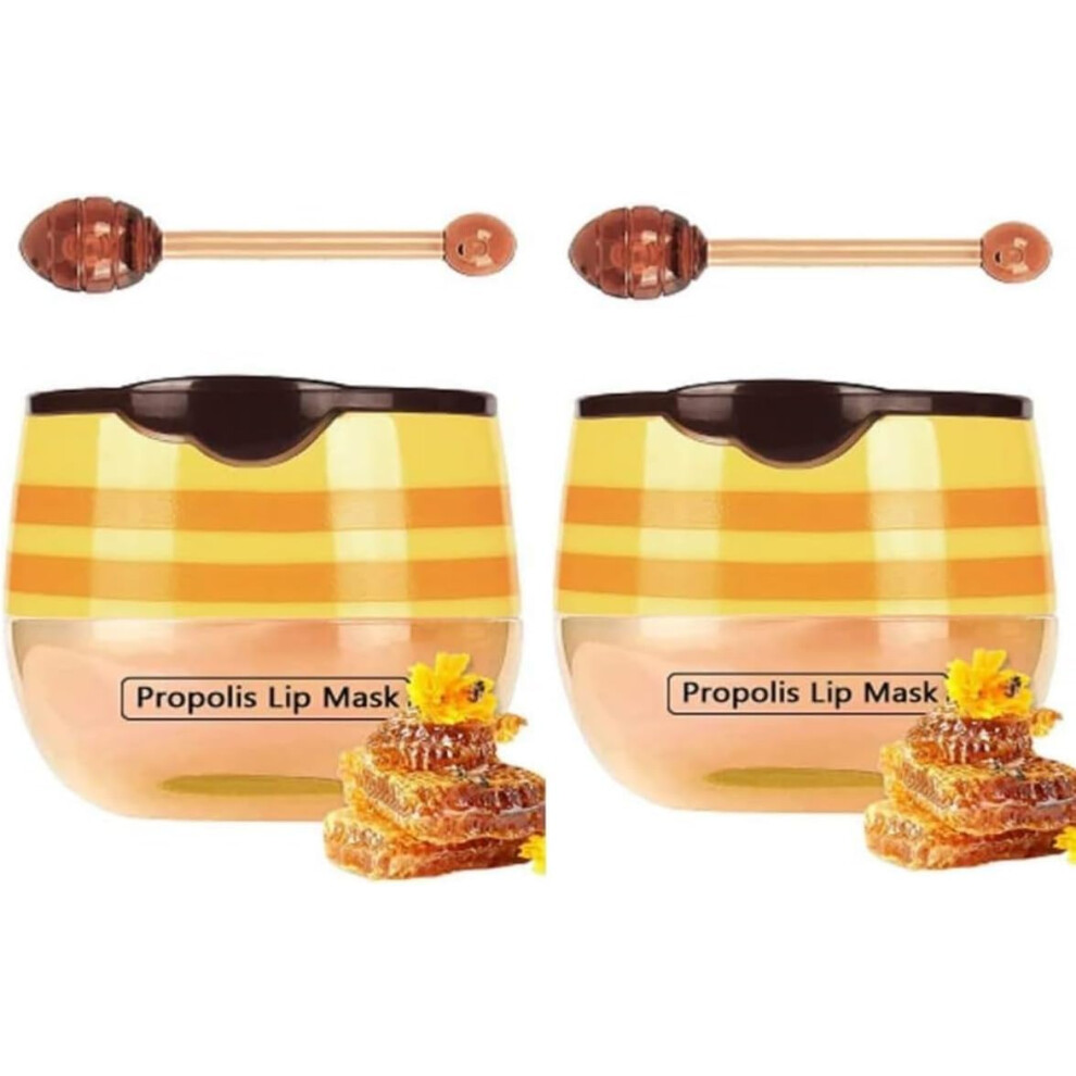 Honey Lip Balm Set with Propolis Vitamin E for Deep Hydration, Strawberry Flavor, 2 Jars with Brush