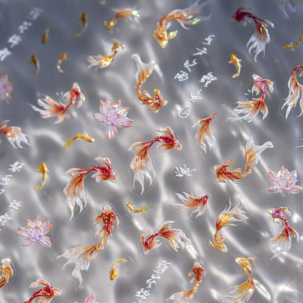 Gold Koi Fish Nail Art Stickers 5D Embossed Selfadhesive Lotus Decals For Acrylic Nails