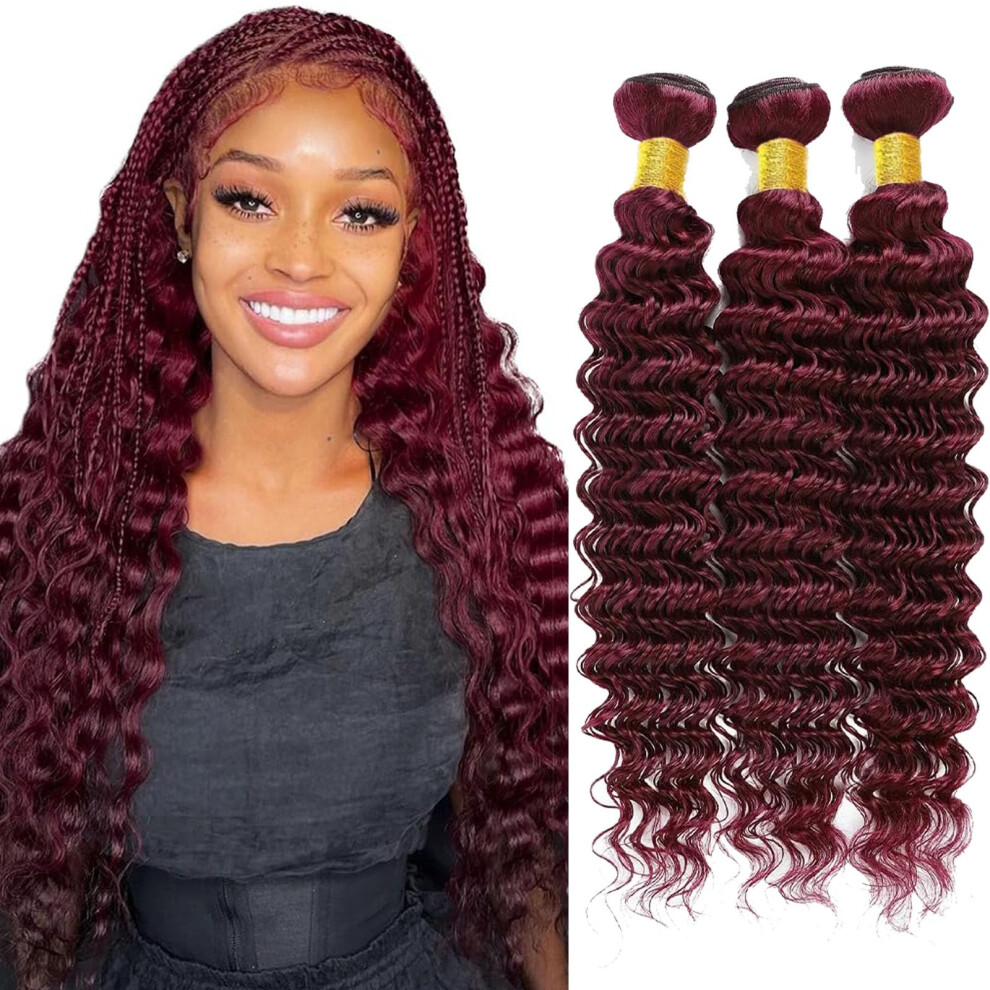 Unisex Red Brazilian Virgin Human Hair Bundles Deep Wave Extensions Burgundy 99J Unprocessed Weave
