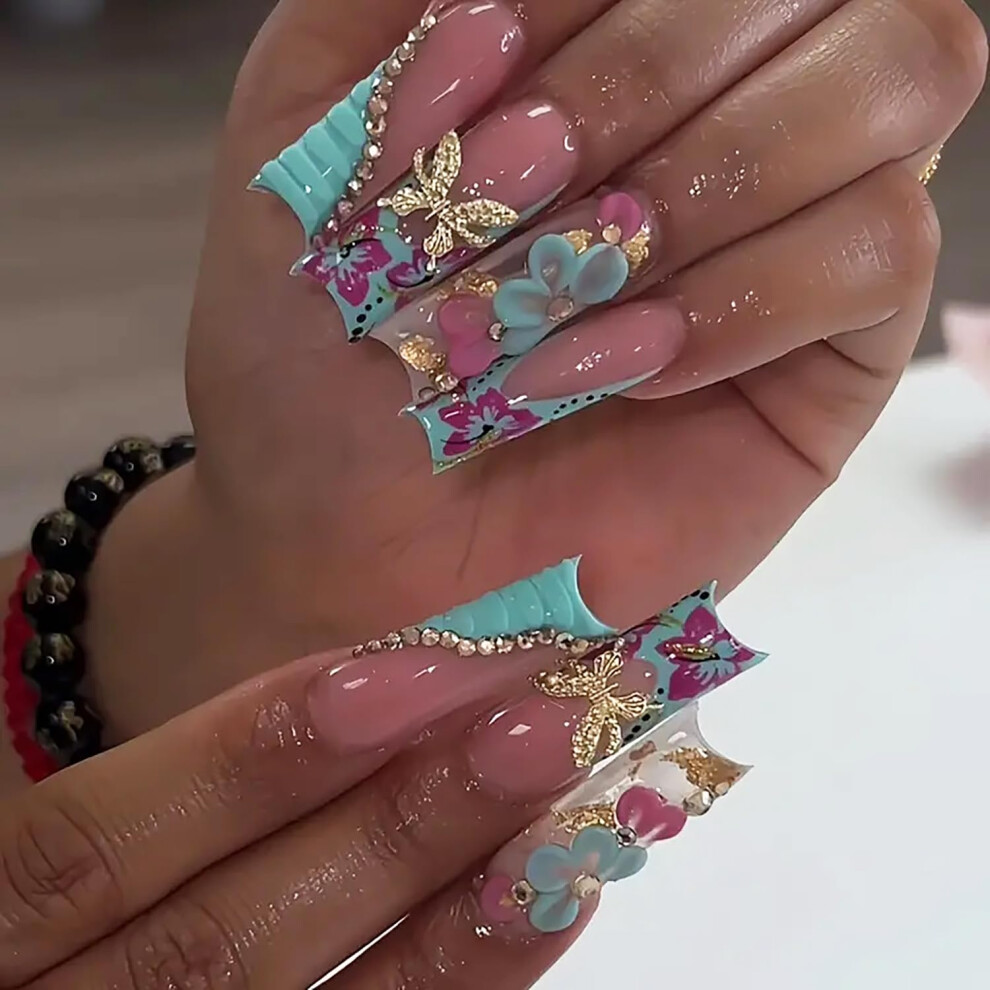 Long Coffin Press On Nails with 3D Butterfly Rhinestones, French Tip Fake Nails, 24 Pcs Reusable
