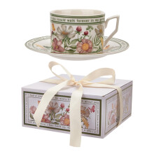 240ml Heat Resistant Ceramic Coffee Mug with Saucer Set, Cute Floral Design for Women
