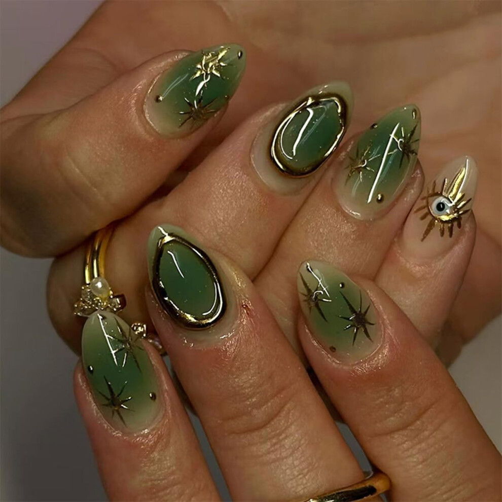 Almond Shape Glossy Gold Press On Nails 24pcs Acrylic Glue On Fake Nails Set for Women