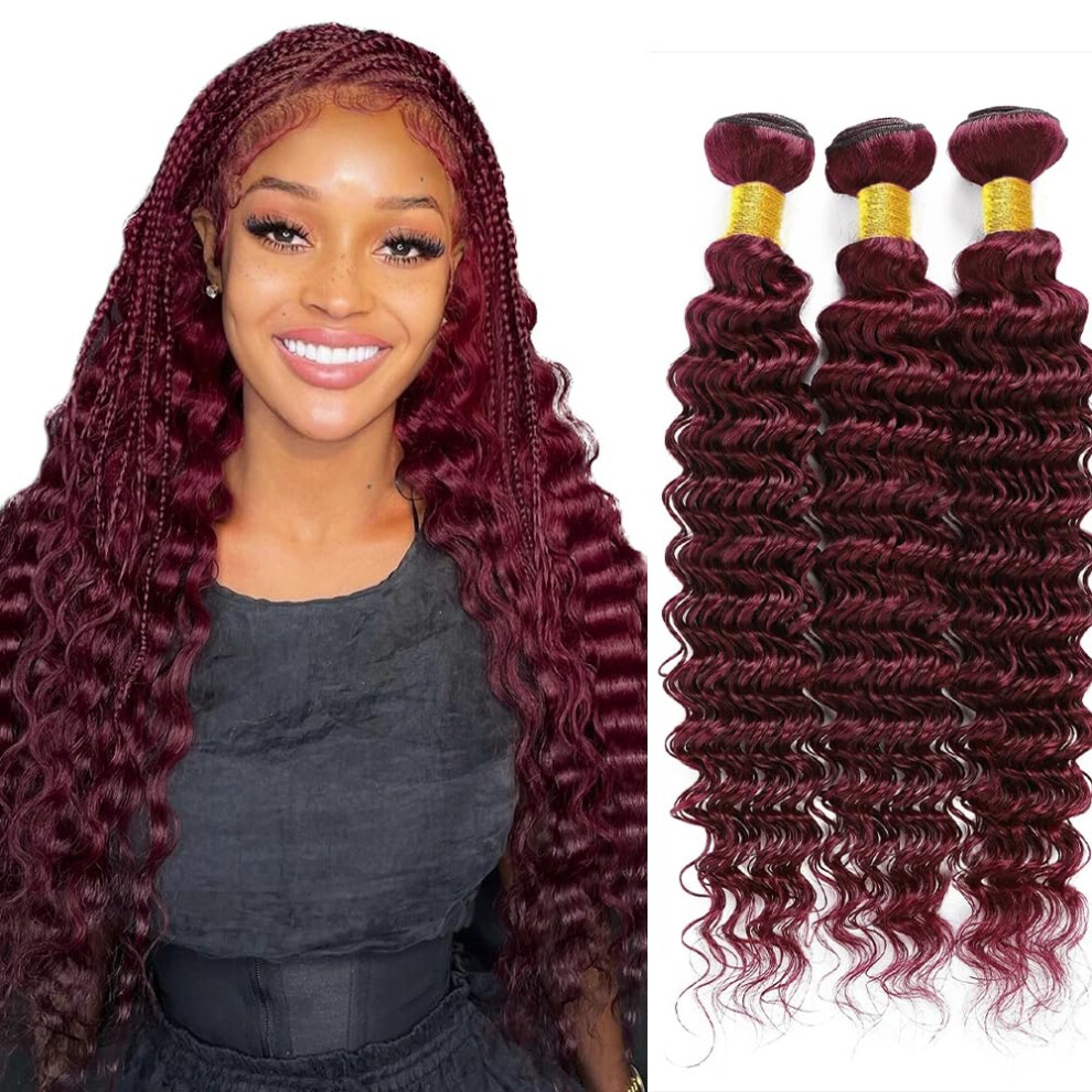 Unisex Red Burgundy Human Hair Bundles 99J Deep Wave Brazilian Virgin Extensions 3Pcs 20 Inch Tangle