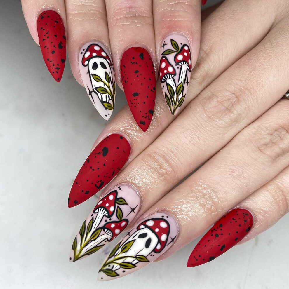 Halloween Press On Nails Set Almond Shape Red French Tips Ghost Mushroom Design 24pcs False Acrylic