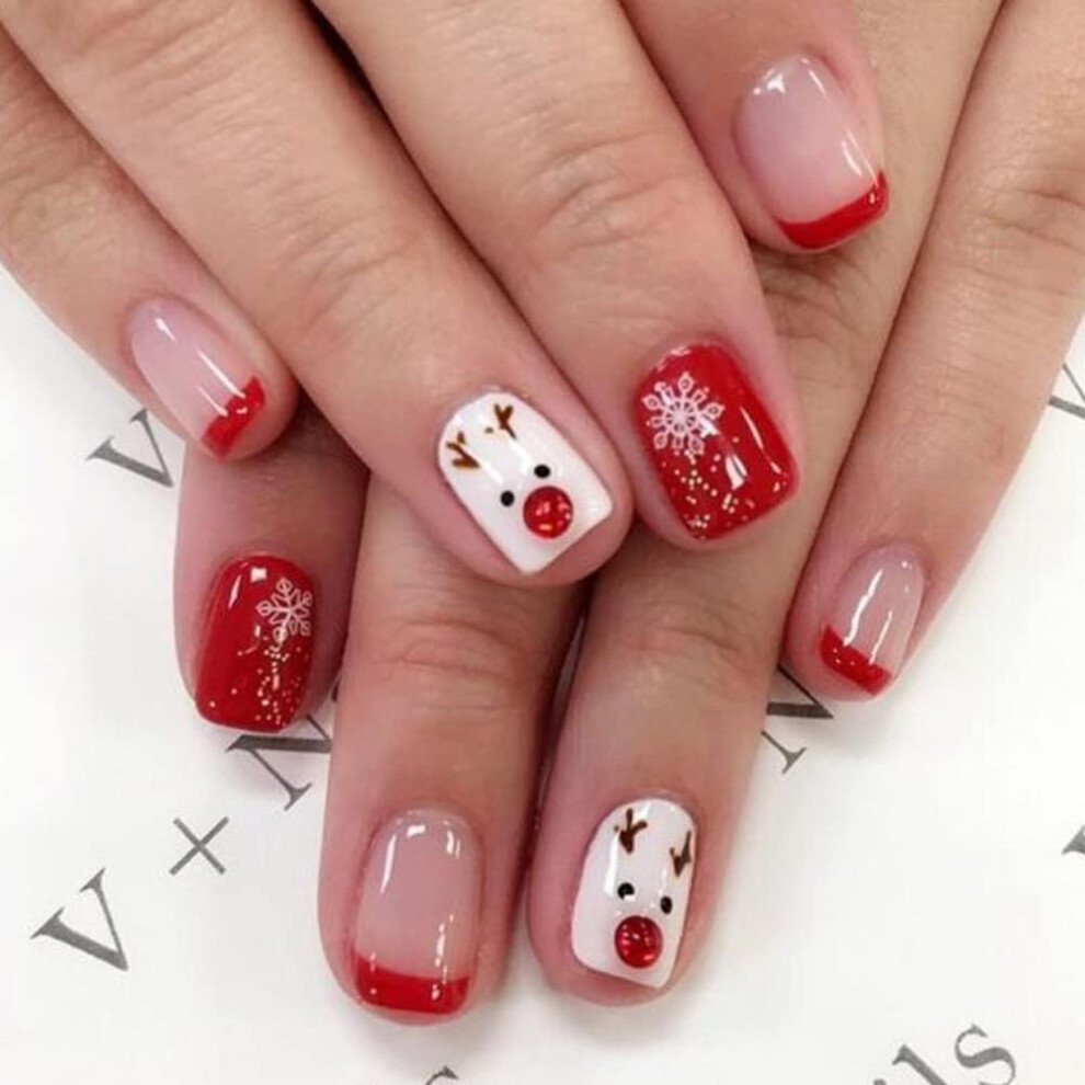 24pcs Christmas Press On Nails Square Short Set with Snowflake and Reindeer Acrylic False Nails