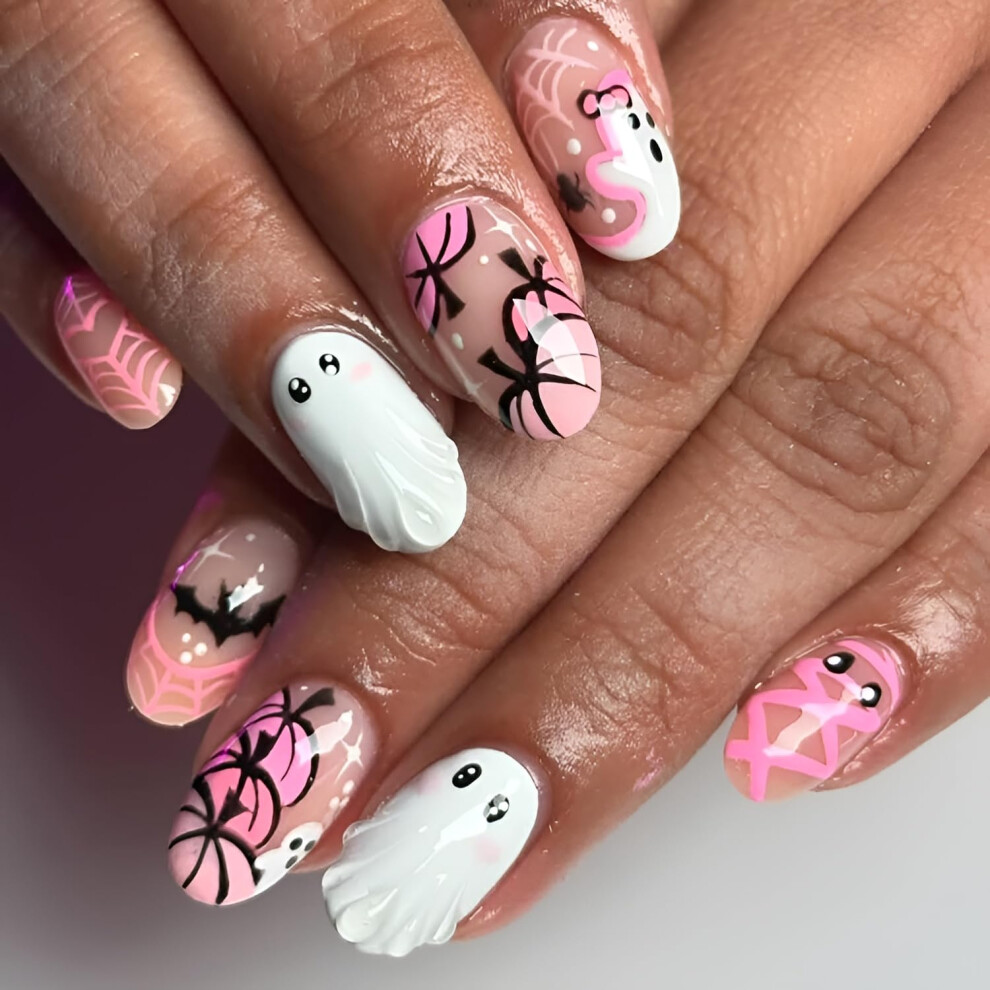 Halloween Press on Nails Set Short Almond Pink Pumpkin and Ghost Design with Glue 24Pcs