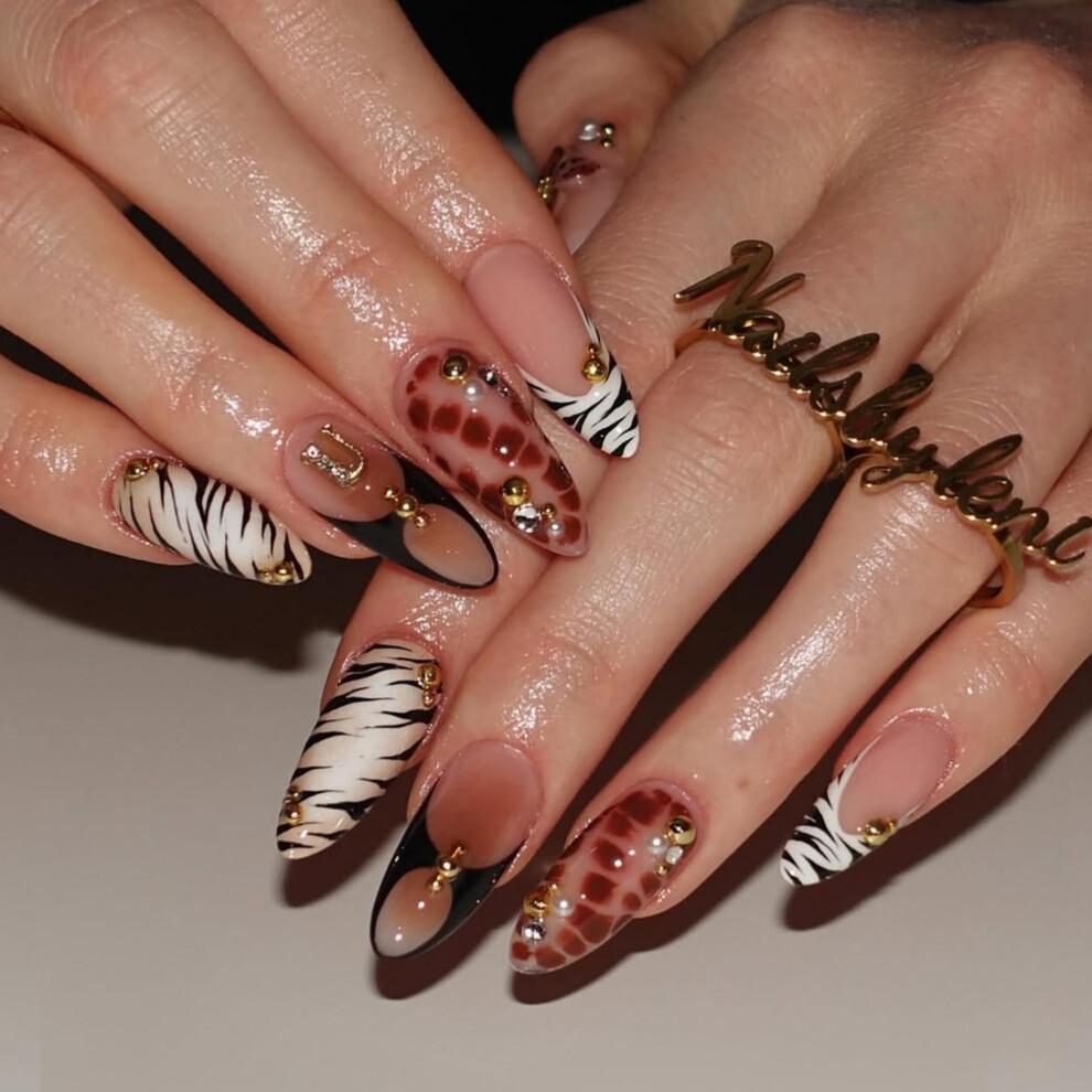 Brown Medium Almond Press On Nails Leopard Fake Nails For Women 24Pcs Salon Quality