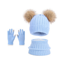 Children Winter Hat Scarf Gloves Set With PomPoms-Lake Blue