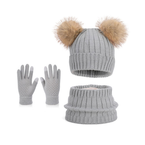 Children Winter Warm Set Soft Acrylic Pullover Hat Neck-Gray
