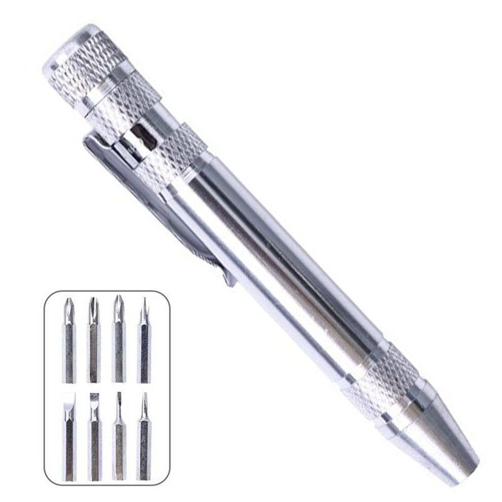 Portable Screwdriver With 8 Interchangeable Bits With-Silver 7755000351012
