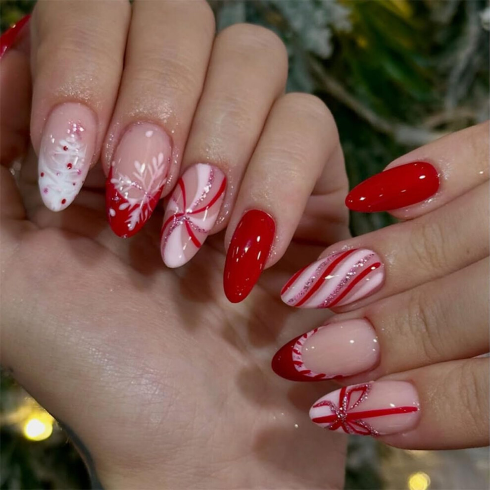 Christmas Press on Nails Short Almond Snowflake Design Acrylic False Nails, Reusable 24pcs Kit