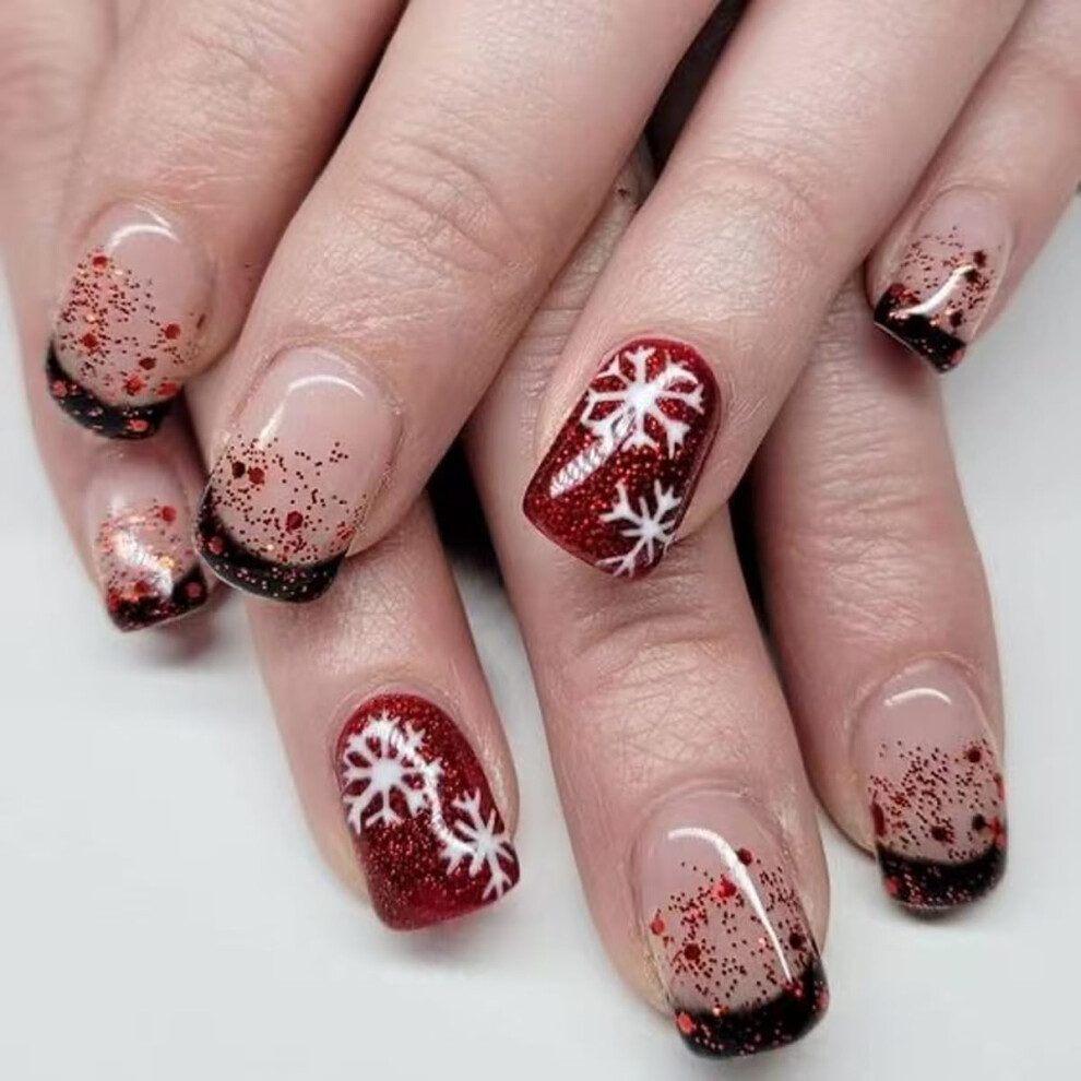 Christmas Press On Nails Short Square Red Glitter Snowflake Fake Nails with Multiple Sizes