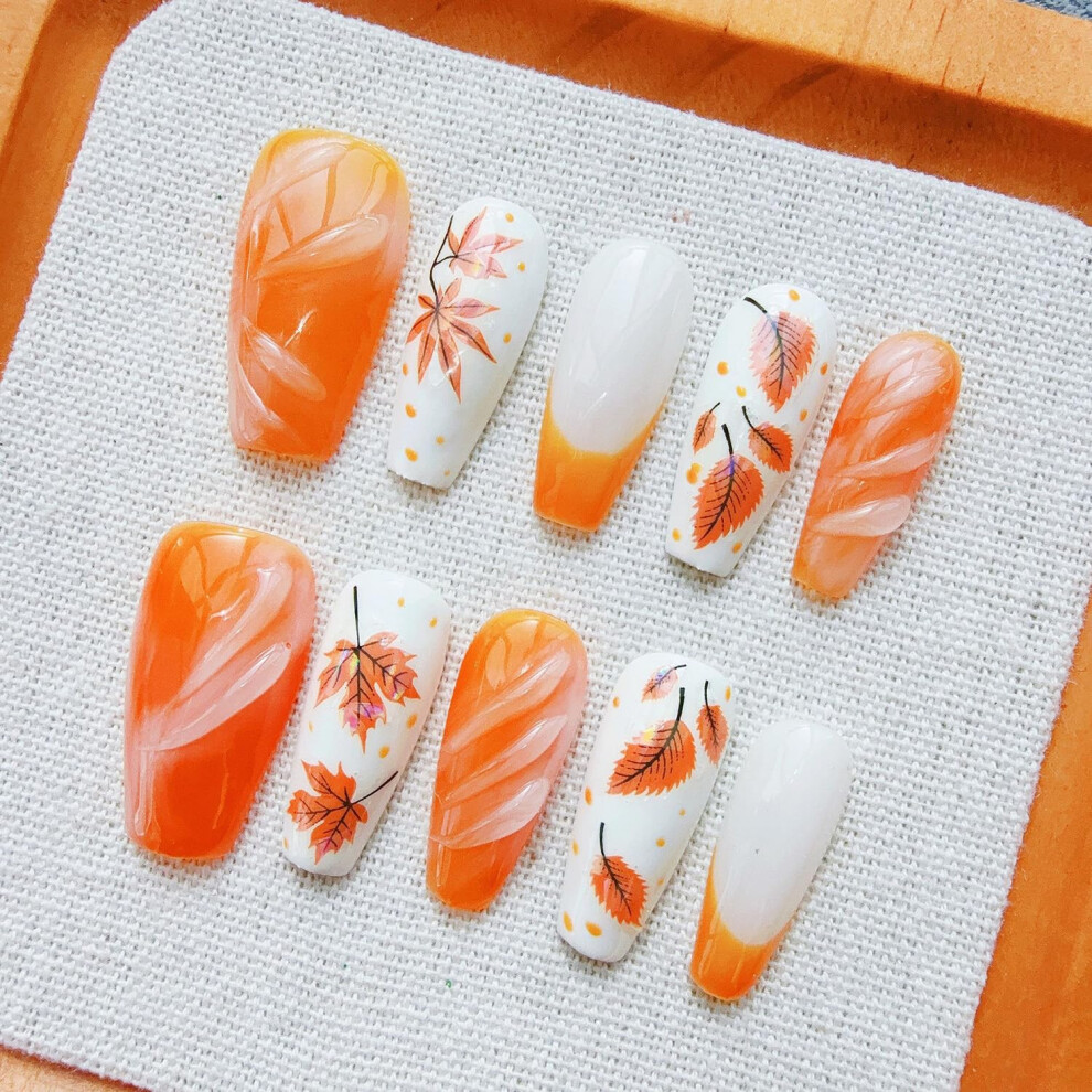 Thanksgiving Press On Nails Maple Leaf French Acrylic False Nails Medium Ballet Shape 30Pcs