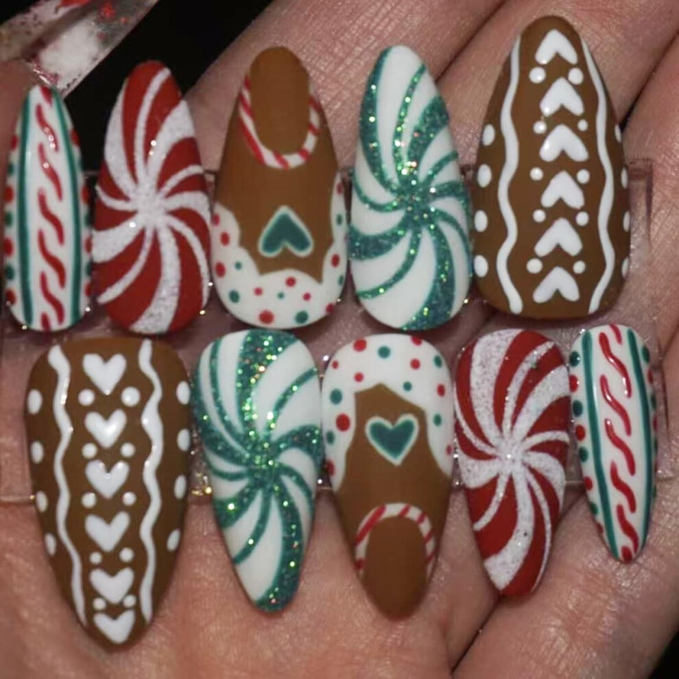 Green,Red 30Pcs Christmas Press On Nails Set, Medium Almond Shape, Red And Green Holiday Fake Nails With Glue