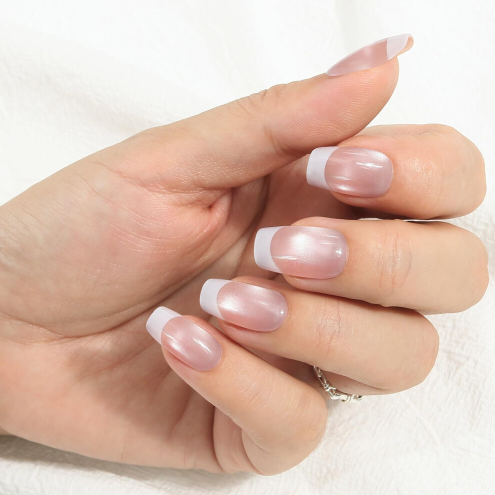 Pink,Cream Press On Nails Short Square Nude Pink French Tip With Shimmer, Reusable 30Pcs Salonquality Kit