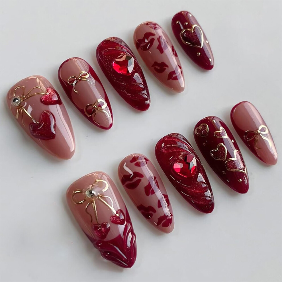 Red Valentine's Day Press On Nails Medium Almond French Tip With Rhinestones 30Pcs Reusable Set