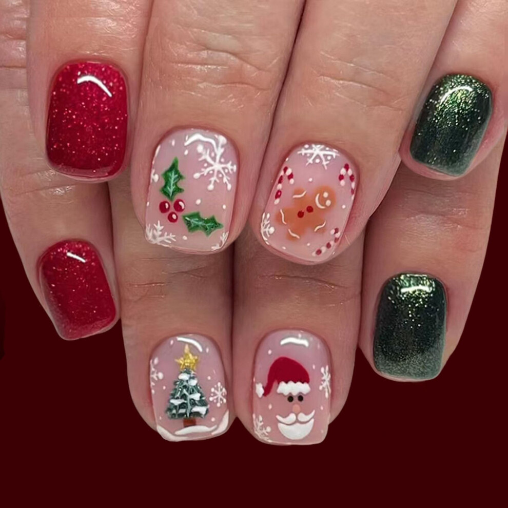 Christmas Press On Nails Short Square with Snowflake Glitter Xmas Tree Gingerbread Designs 24pcs