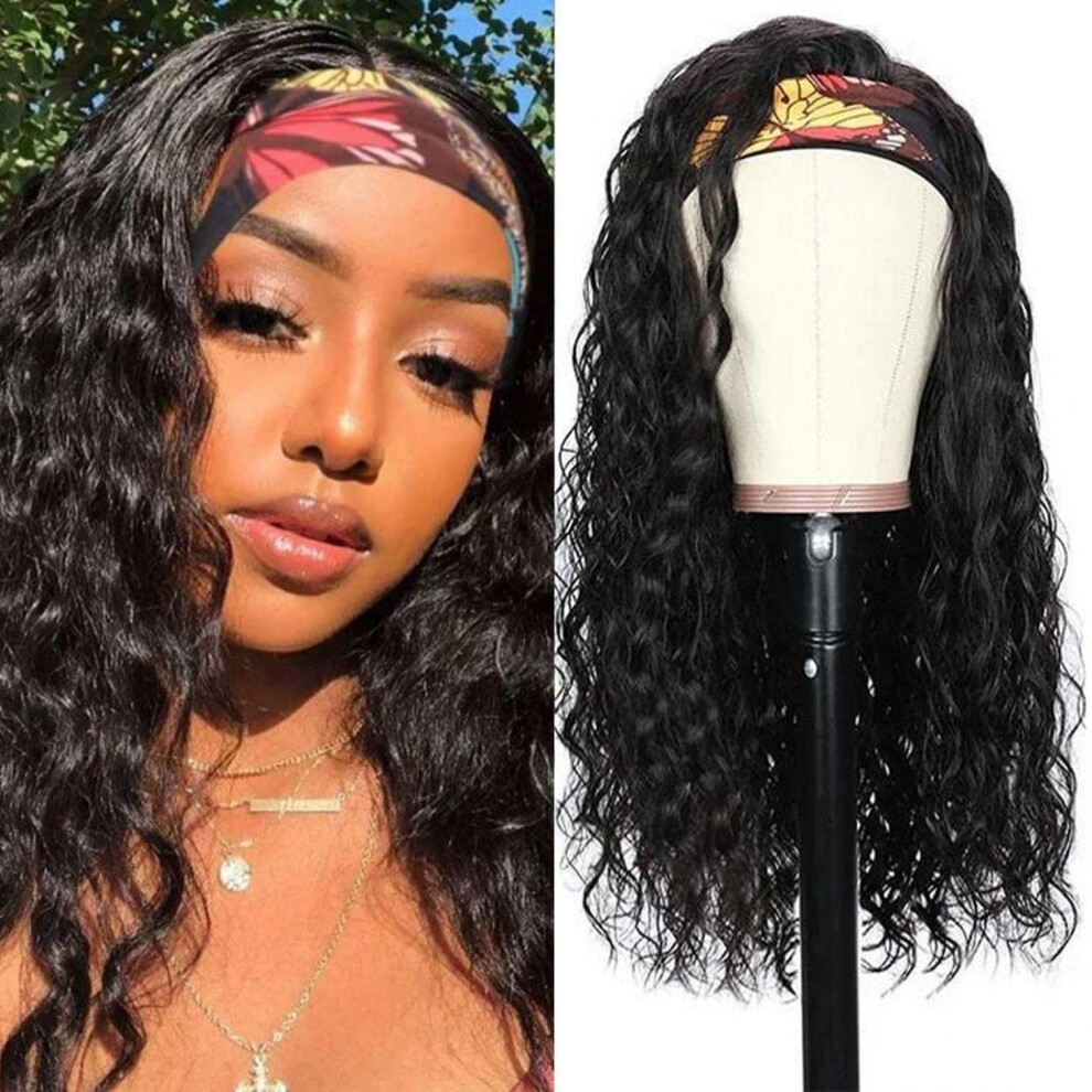 Unisex Black Headband Wig For Women Curly Synthetic Glueless Hair Natural With Adjustable Fit