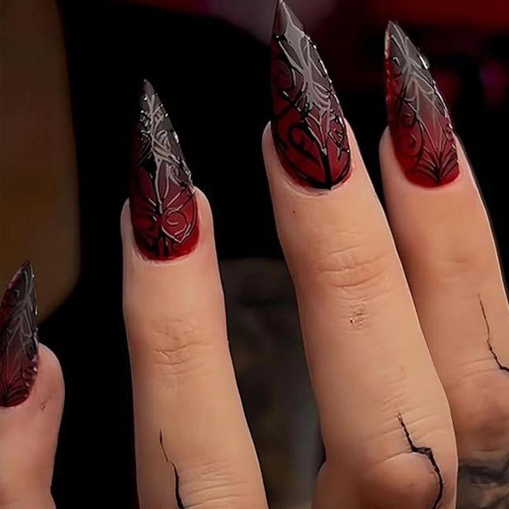 Black,Red Long Stiletto Press On Nails Red And Black Gothic Ombre 3D Design False Nails With Glue 24Pcs