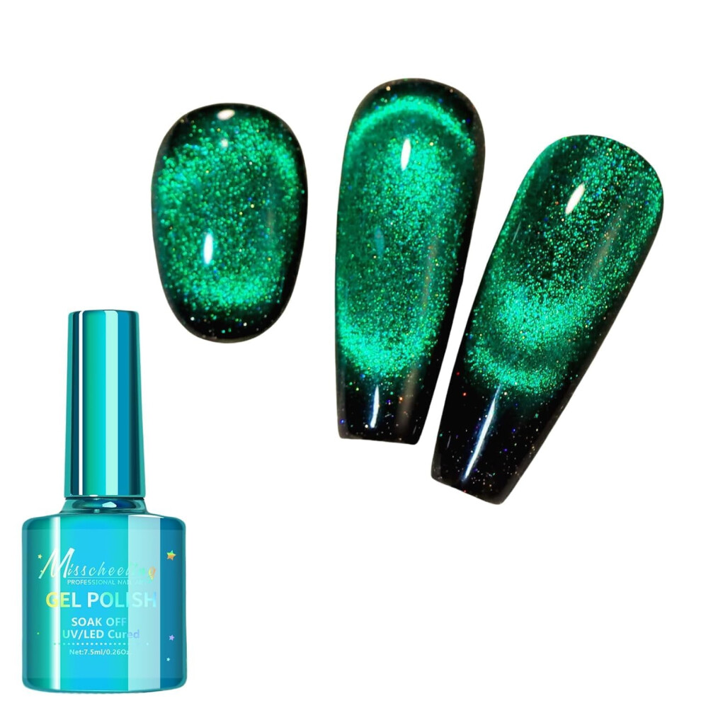 Green Cat Eye Gel Nail Polish 01, 12D Holographic Magnetic Diamond Glitter, Longlasting Shine