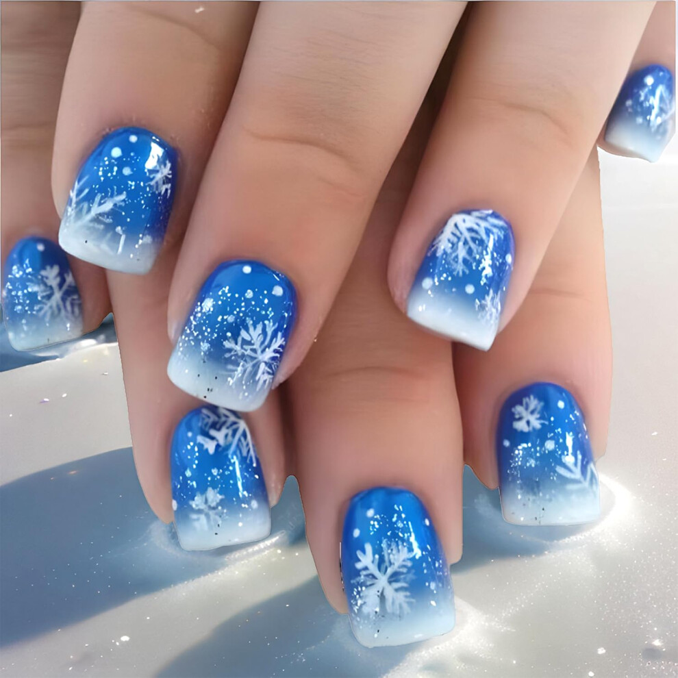 Blue,White Christmas Press On Nails Snowflake Short Square False Nails Blue White Glitter Reusable Set