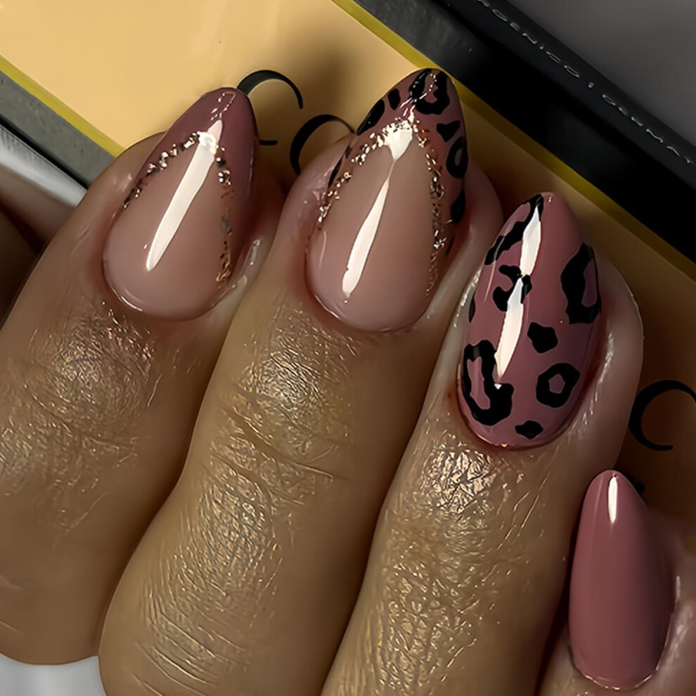 Medium Almond Press on Nails French Tip Leopard Glitter Fake Nails Set with Reusable Jelly Glue