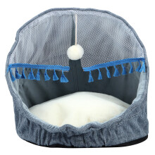 Plush Cat Bed Pad Removable and Washable Semi Enclosed Cat Nest Folding Design Environmentally Friendly Material with Hanging Ball Blue