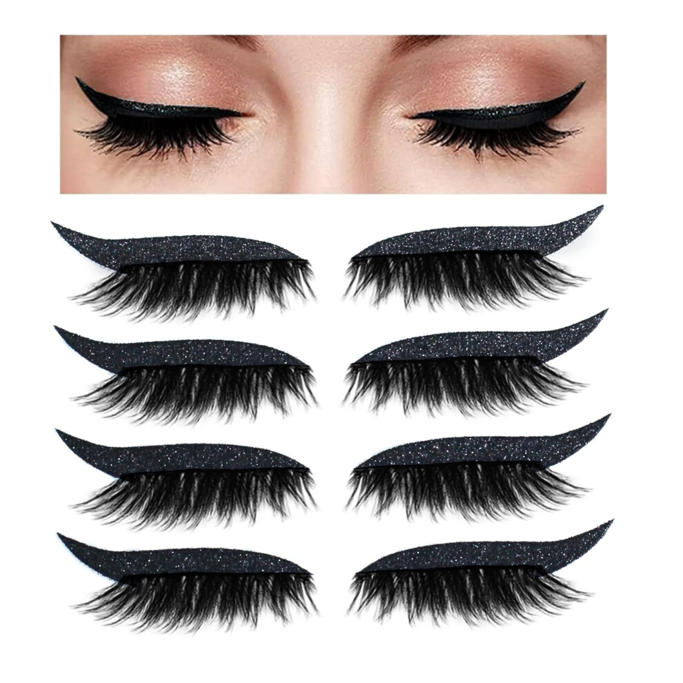 Black 4 Pairs Self Adhesive Eyeliner Lashes, Reusable Waterproof False Eyelashes With Eyeliner Strip,