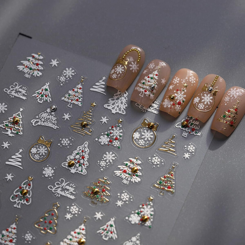 Gold Christmas Nail Stickers 5D Embossed Xmas Tree And Snowflake Nail Decals Self Adhesive 1 Sheet