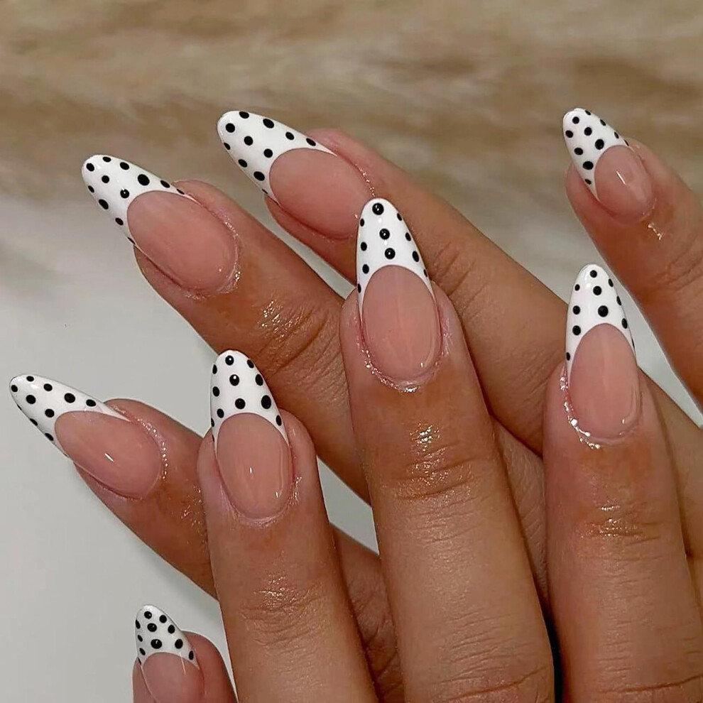 Medium Almond Press on Nails with French Tip Polka Dot Design, White Acrylic Fake Nails 24pcs