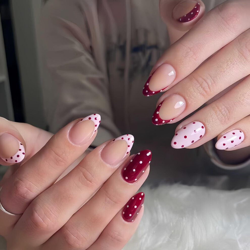 Polka Dot Press On Nails Medium Almond Pink and Red French Tips Reusable Acrylic Fake Nails