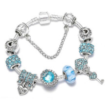 (16CM) Pandora plata armband in witte stijl met bedeltjes voor dames, doe-het-zelf hartvormig slotje met sleutel, liefdesbrief hanger armband, blauw