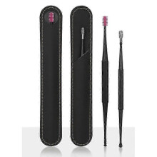 (Preto) Conjunto de colher de ouvido espiral dupla em silicone macio com ponta em aço inoxidável para remoção de cera de ouvido.