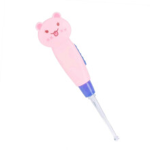 Ferramenta para remoção de cera de ouvido de bebê com luz LED, kit seguro com colher e pinça em design de desenho animado rosa.
