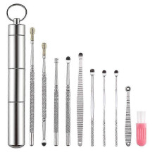 Kit portátil 10 em 1 para remoção de cera de ouvido com colheres de aço inoxidável.