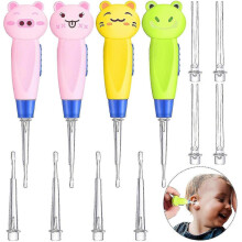 Kit com 4 peças para remoção de cera de ouvido infantil com luz LED, incluindo pinça, espátula e colher para limpeza de ouvidos.