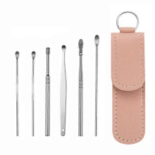 Limpador de ouvidos portátil 6 em 1 com mola espiral em aço inoxidável. Especificações: Estojo de couro rosa.