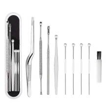 Kit de remoção de cera de ouvido com 8 peças em aço inoxidável e ponta curva de segurança.